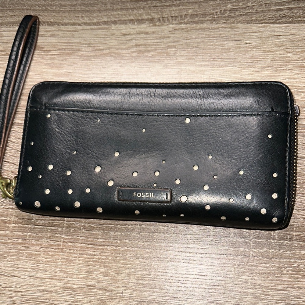 Fossil Black Studded Leather Wallet with Wrist Strap